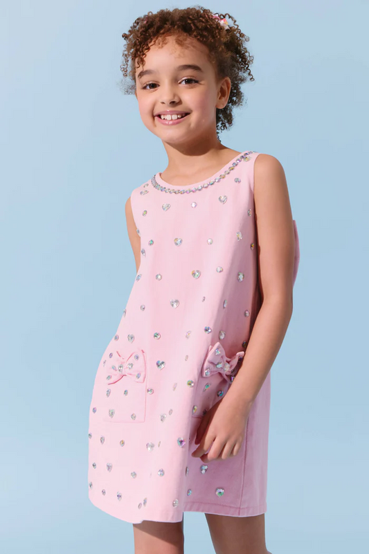 Pink Crystal Heart Denim Bow Dress