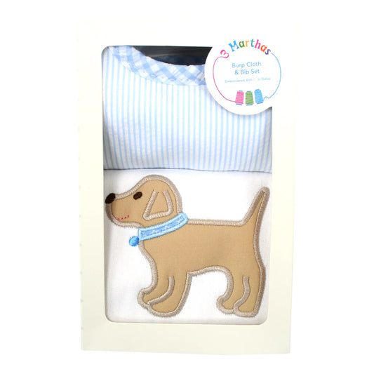 Blue Puppy Bib & Burp Cloth Set