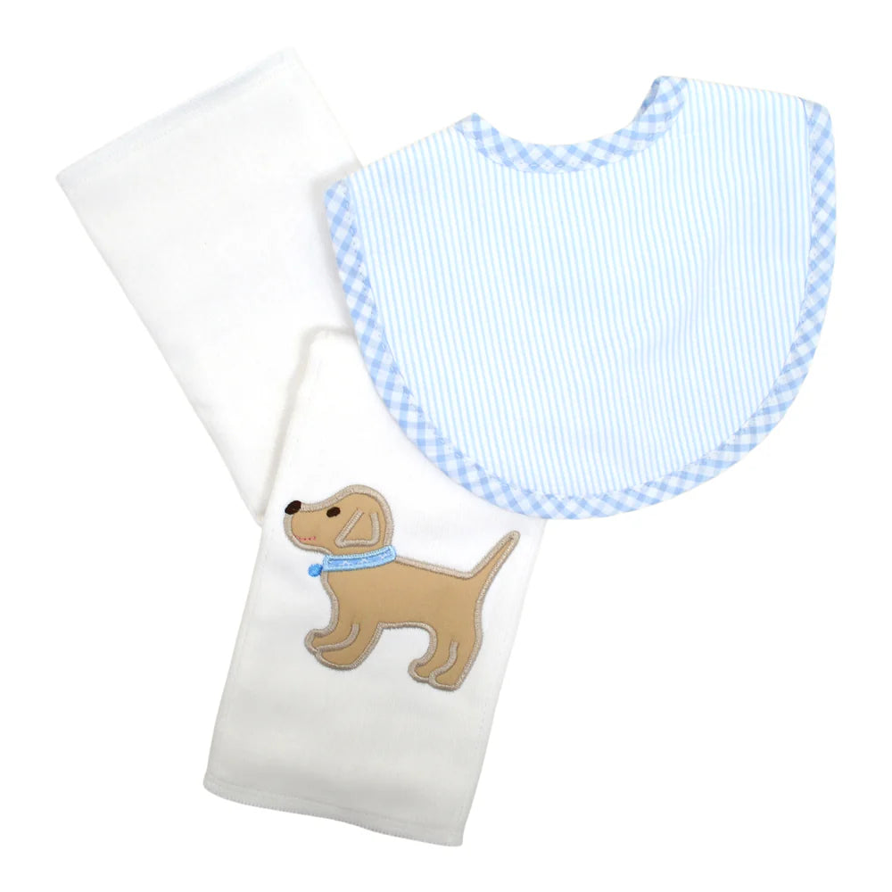 Blue Puppy Bib & Burp Cloth Set