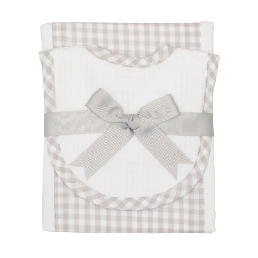 Gray Gingham Bib & Burp Set