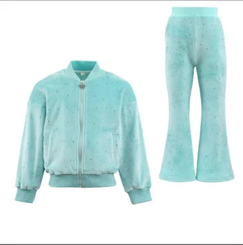 Teal Sparkle Plush Jacket & Bellbottom Set