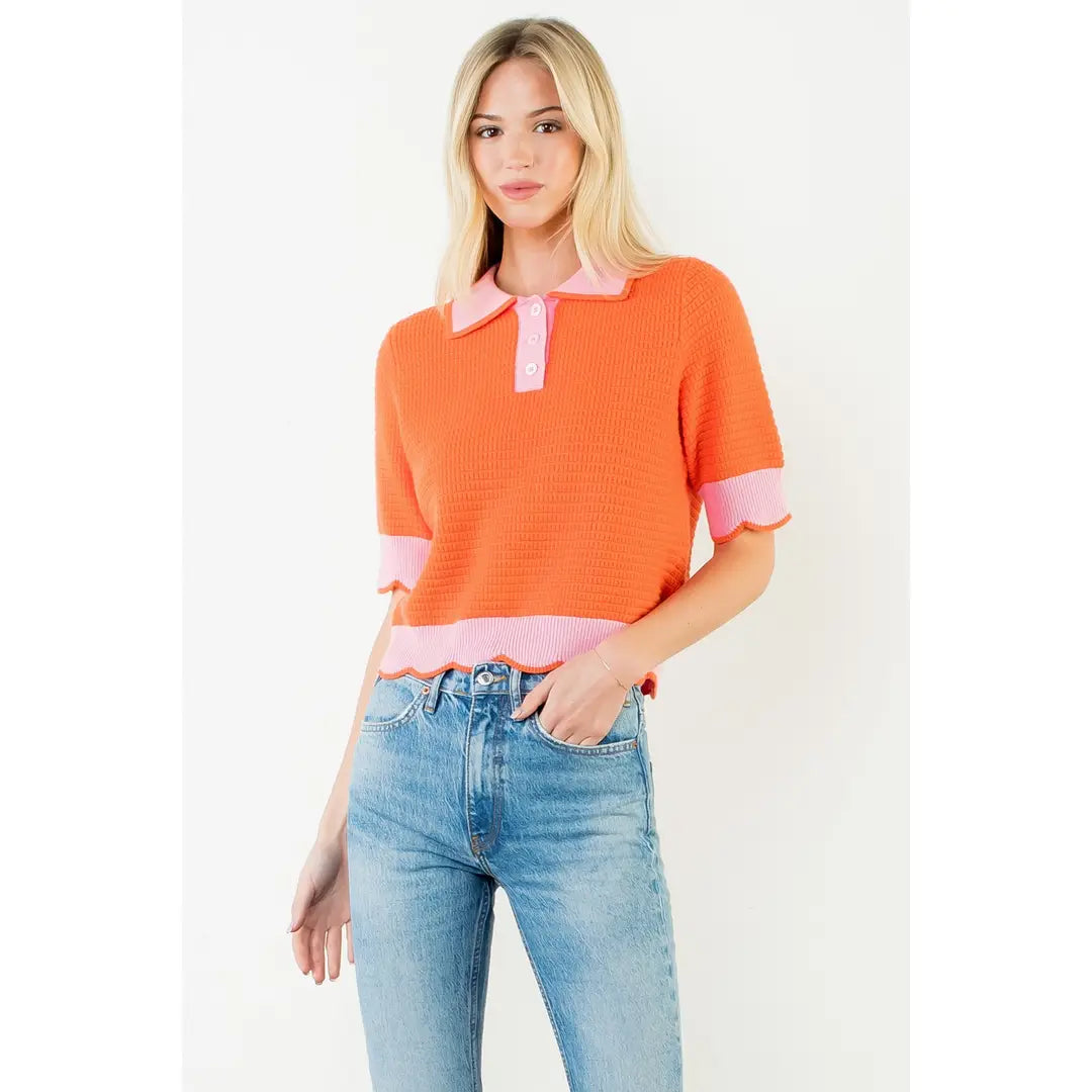 Orange Collared SS Knit Top