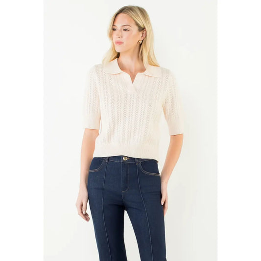 Cream Pointelle Polo Knit Top