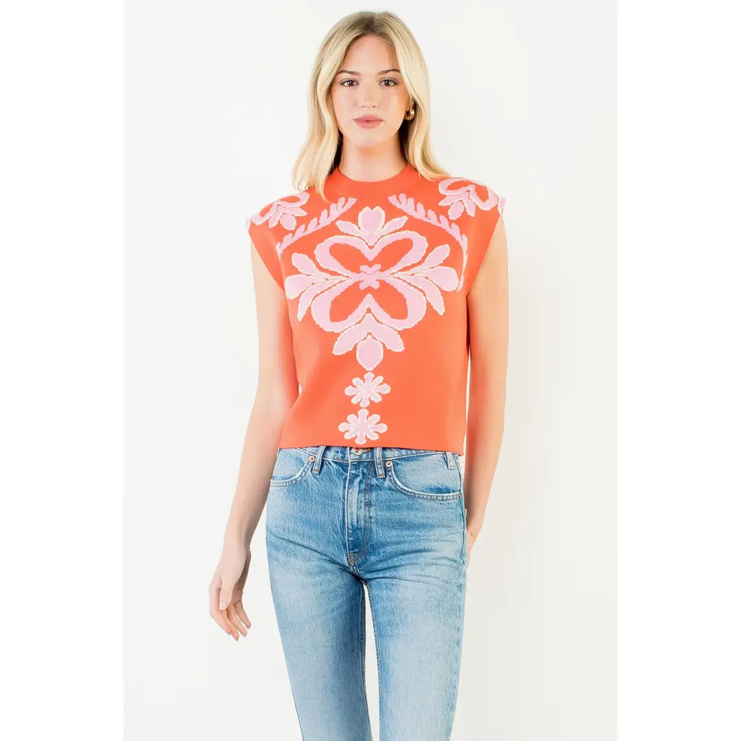 Orange Sleeveless Patterned Knit Top