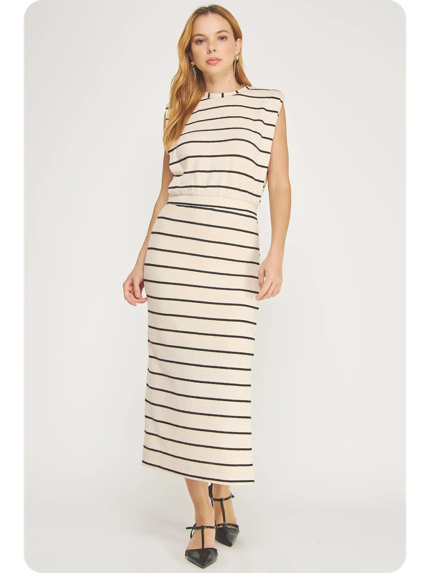 Oatmeal/Black Striped Pleated Shoulder Midi Dress