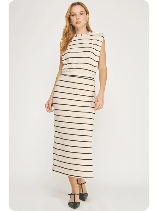 Oatmeal/Black Striped Pleated Shoulder Midi Dress