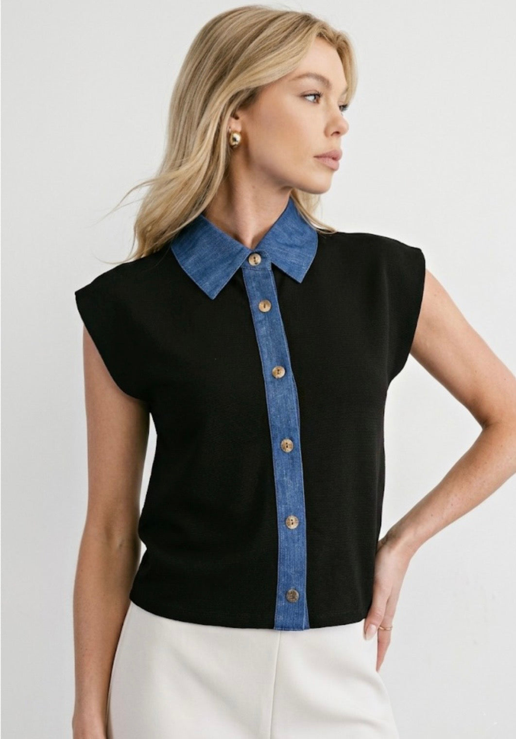 Black Vest Top with Collared Denim Placket