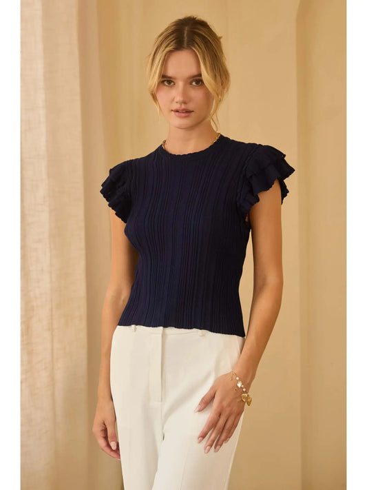 Navy Ruffled Sleeveless Ribbed Knit Top