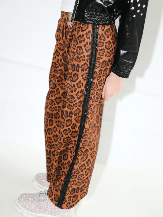 LEOPARD PRINT SEQUIN TRIM WIDE LEG TRACK PANTS