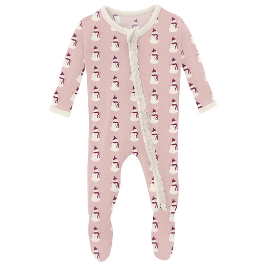 Pink Snowmen Ruffle Zip Footie