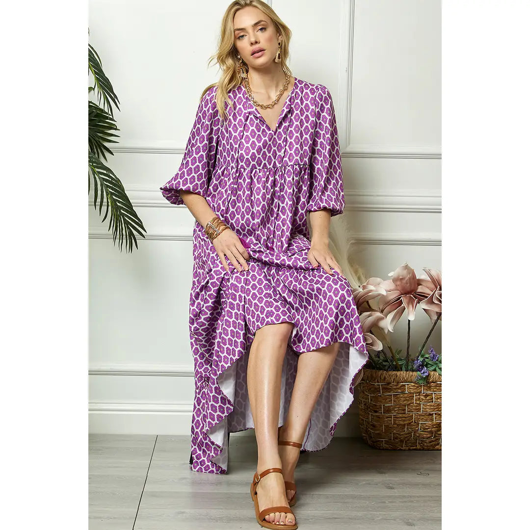 Purple Three Quarter Puff Sleeve Maxi Dress