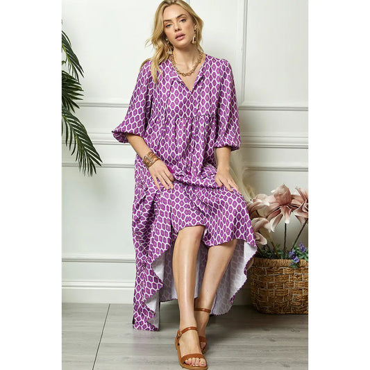 Purple Three Quarter Puff Sleeve Maxi Dress