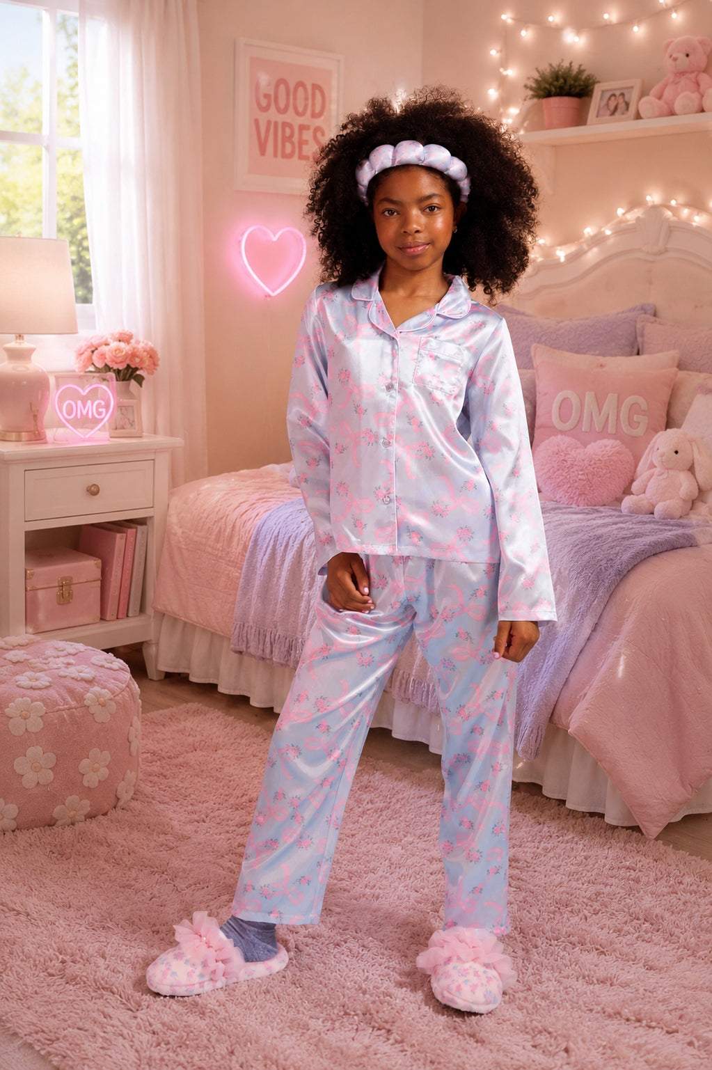 Frost Blue Floral Pajama Set W/ Headband
