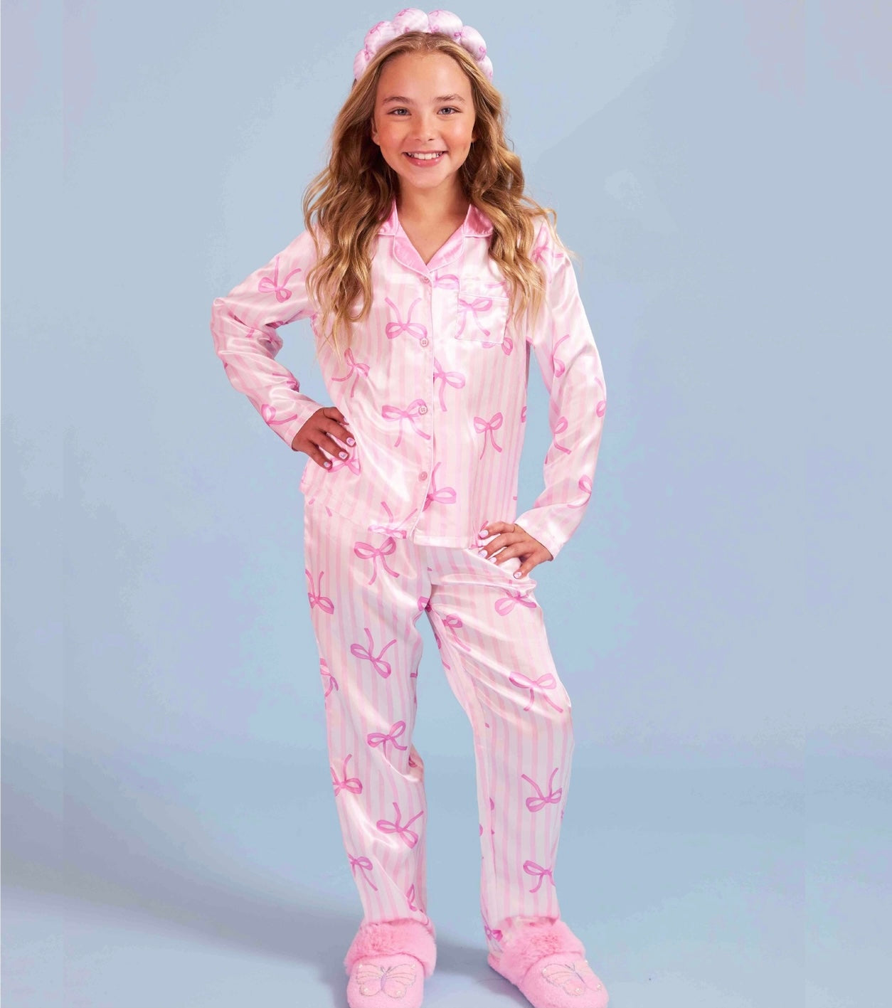 Pink Striped Bow Pajama Set W/ Headband