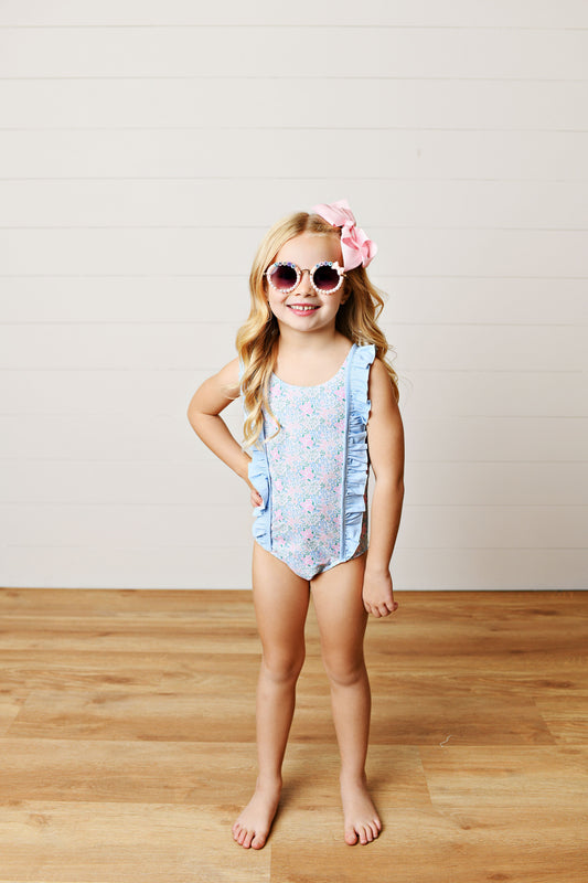 Blue Floral Ruffle Swimsuit
