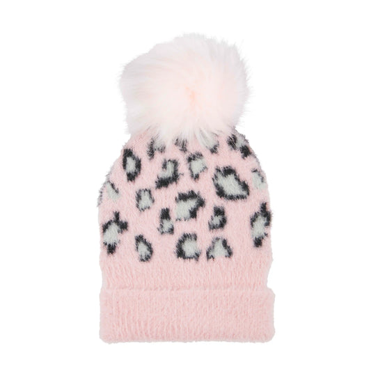Fuzzy Pink/Black Leopard Beanie