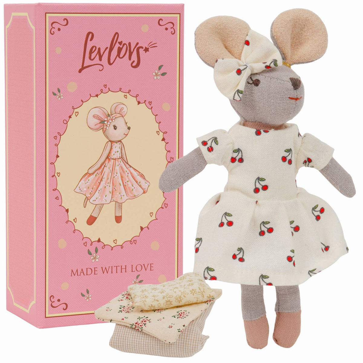 Levlovs Cherry Awesome Mouse in a Box, Cherry Print Dress and Bow