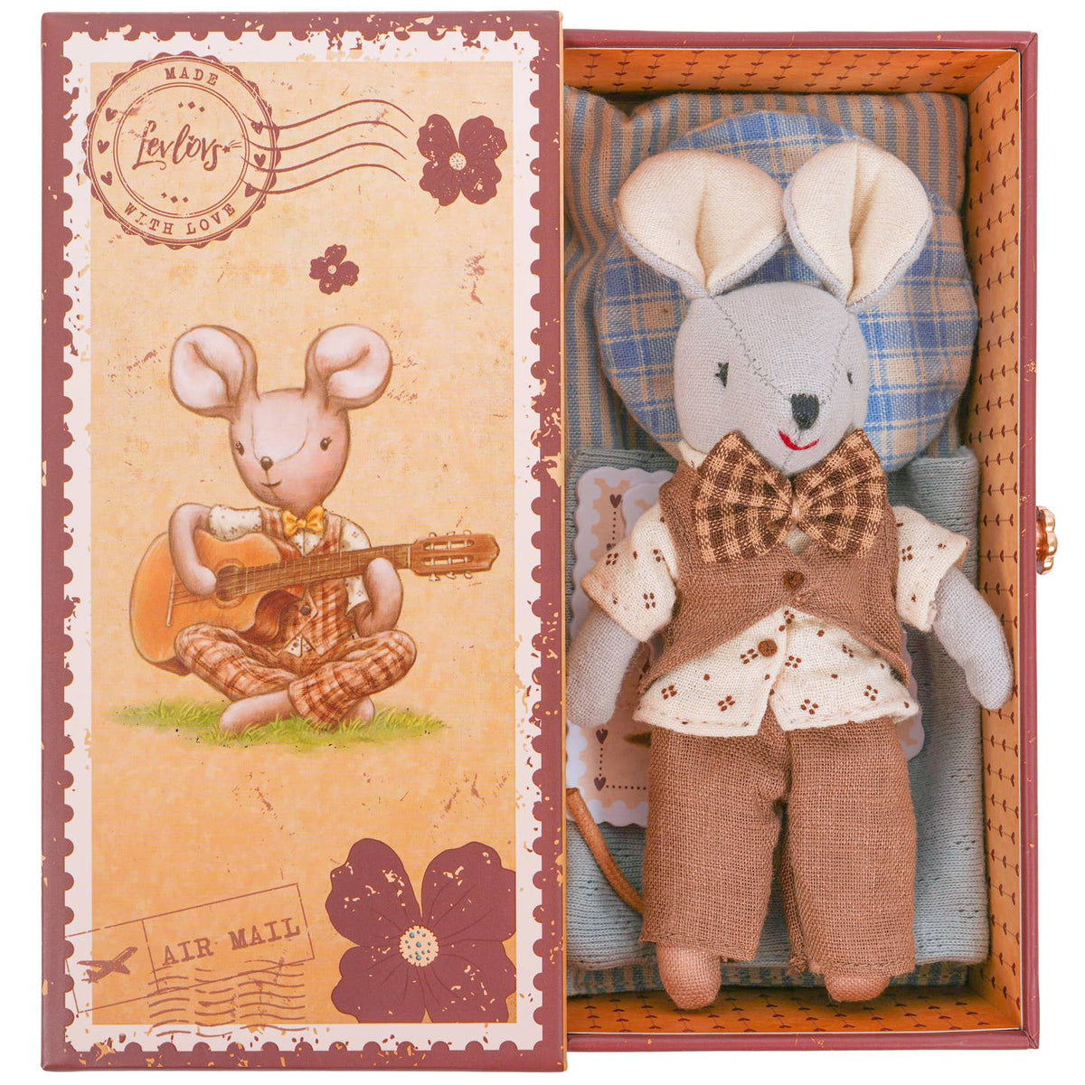Levlovs Mouse Liam in Air Mail Stamp Holder Box with Bedding
