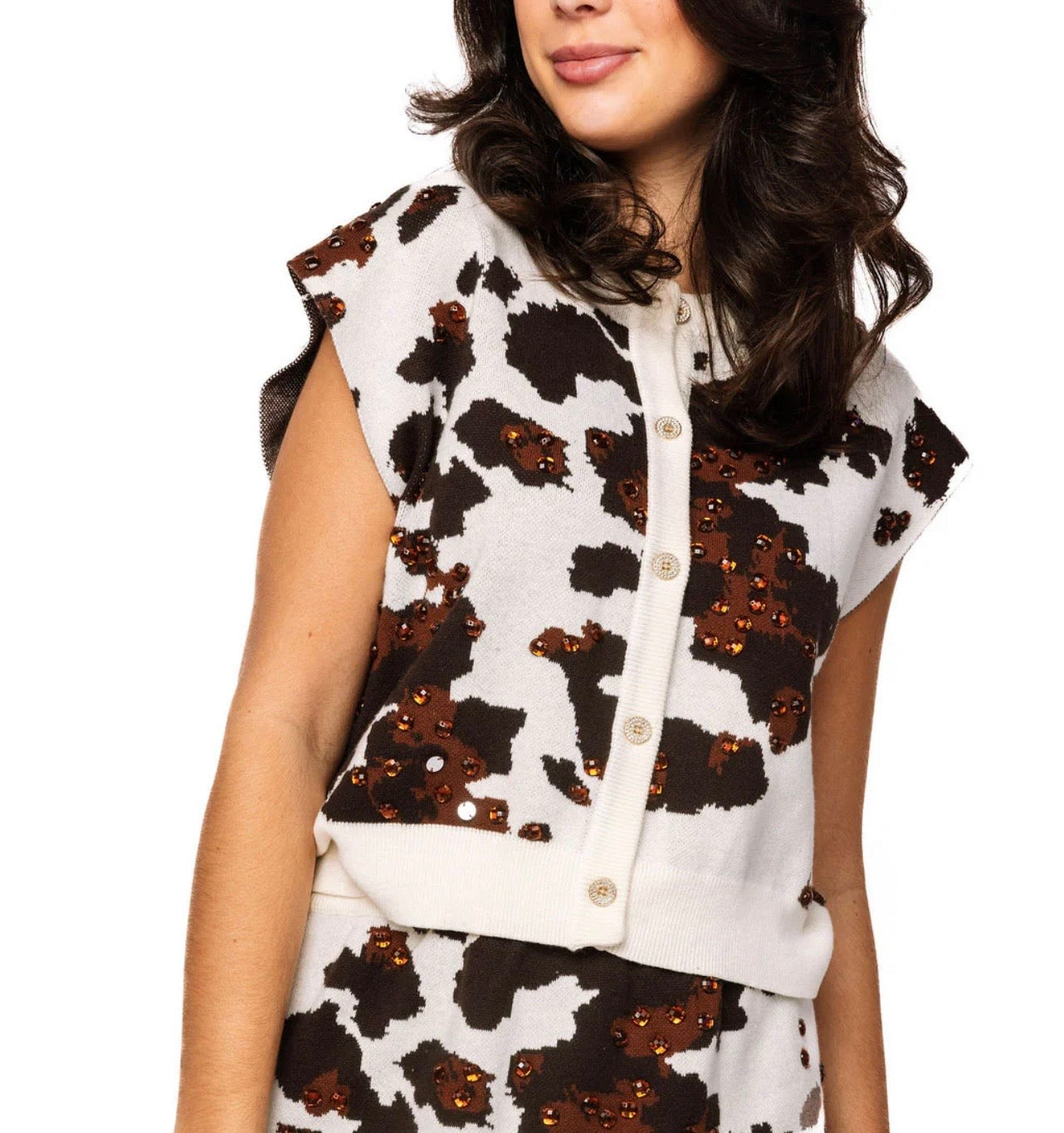 White & Brown Sequin Cow Print Button Up Vest