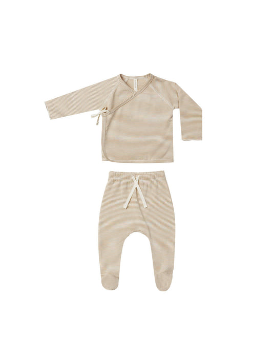 Latte Micro Stripe Wrap Top+Footed Pant Set
