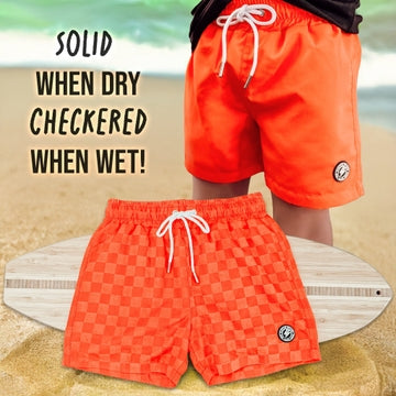 Neon Orange Checker Swim Trunk