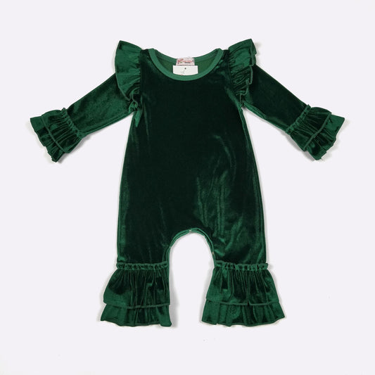 Emerald Velvet Ruffle Baby Romper