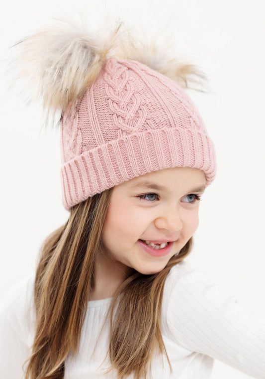 Pink Cable-knit Fur Pom Beanie