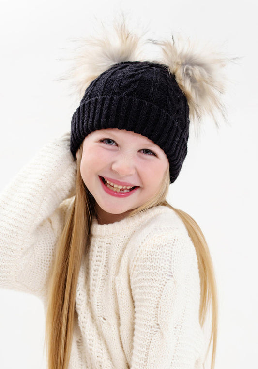 Black Cable-knit Fur Pom Beanie