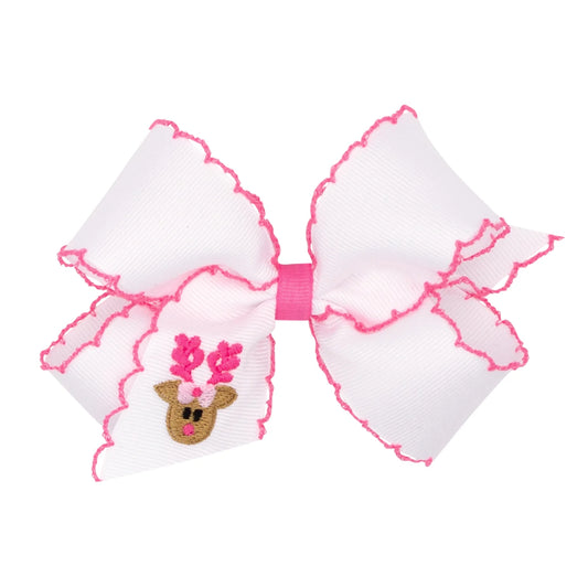 King Pink/White Embroidered Reindeer Bow