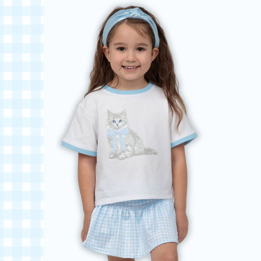Blue Gingham Bow Kitty White Ringer Boxy Tee