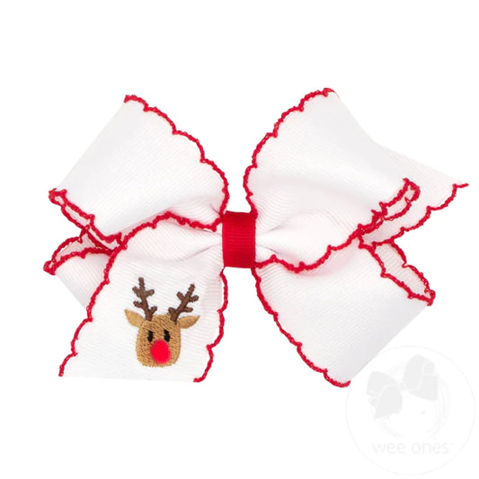Medium White Embroidered Reindeer Bow