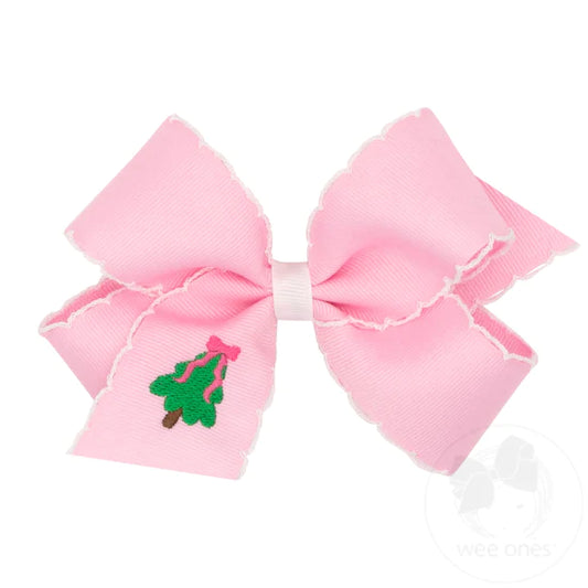Medium Pink Embroidered Christmas Tree Bow