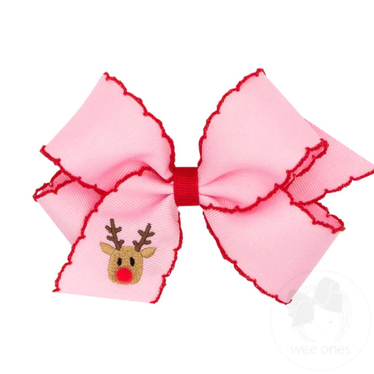 Medium Pink Embroidered Reindeer Bow