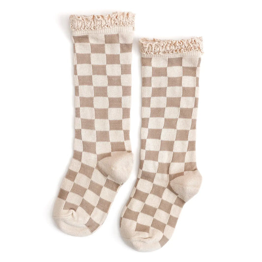 Oat Checkered Lace Knee Socks
