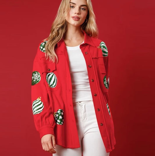 Red Shacket w Sequin Ornaments