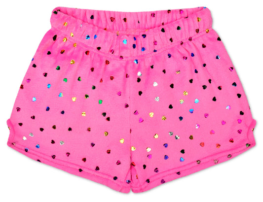 Bright pink foil heart plush shorts