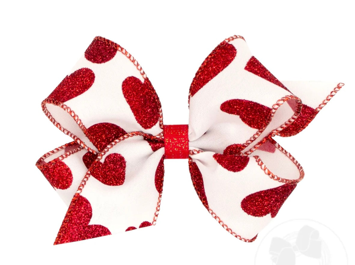 Medium White Heart Glitter Bow