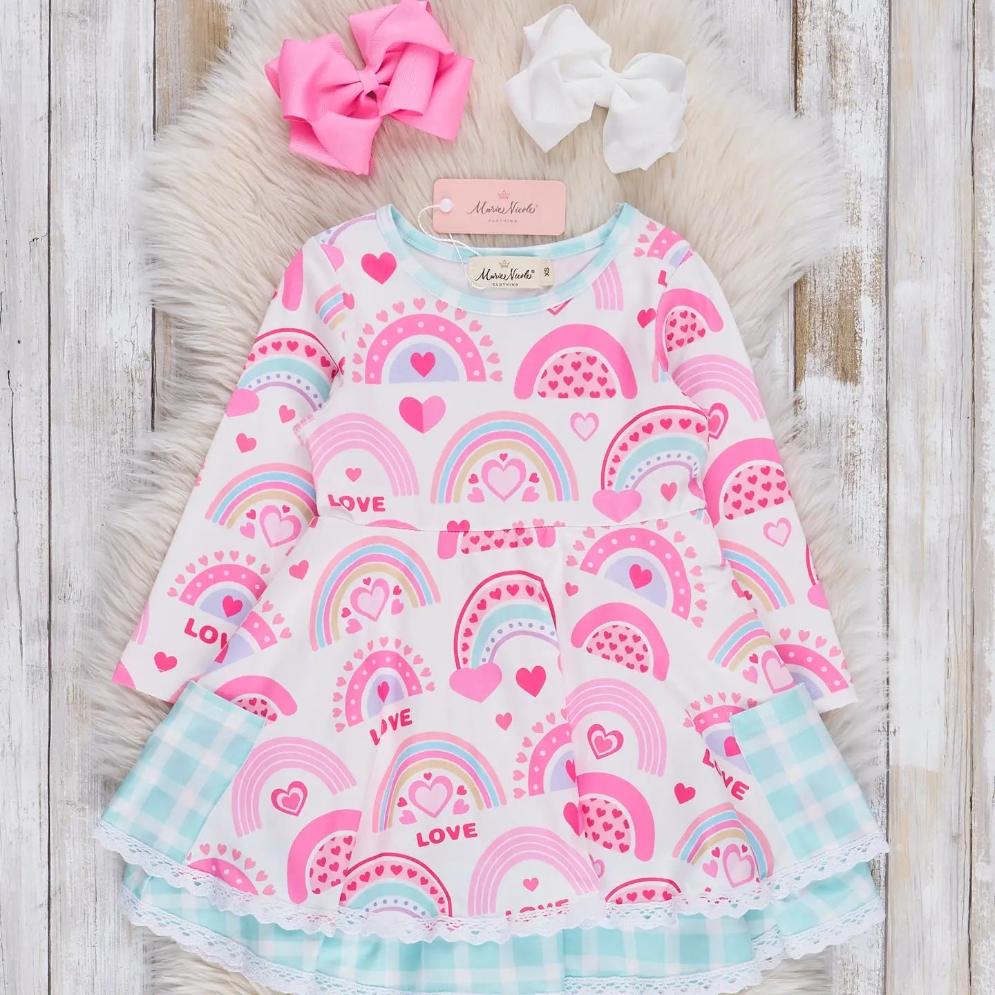 Pink & Turquoise Rainbow Hearts Ruffle Dress