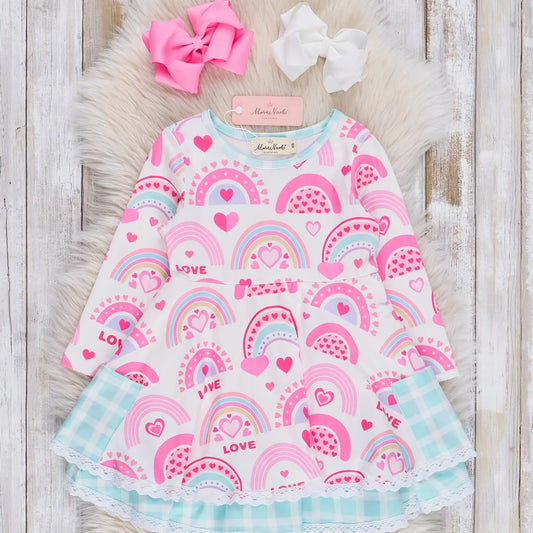 Pink & Turquoise Rainbow Hearts Ruffle Dress