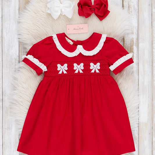Red Smocked Bows Ruffle Dress