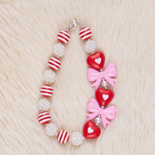 Red Hearts & Pink Bows Bubblegum Necklace