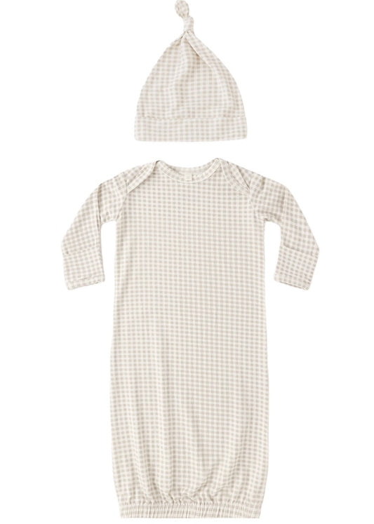 Bamboo Baby Gown & Hat Set Oat Gingham
