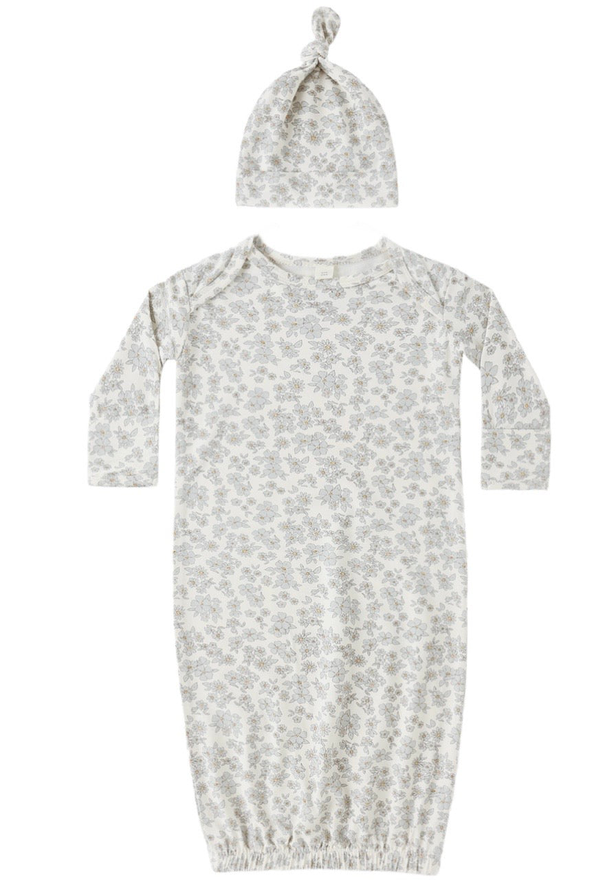 Bamboo Baby Gown & Hat Set Blue Floral