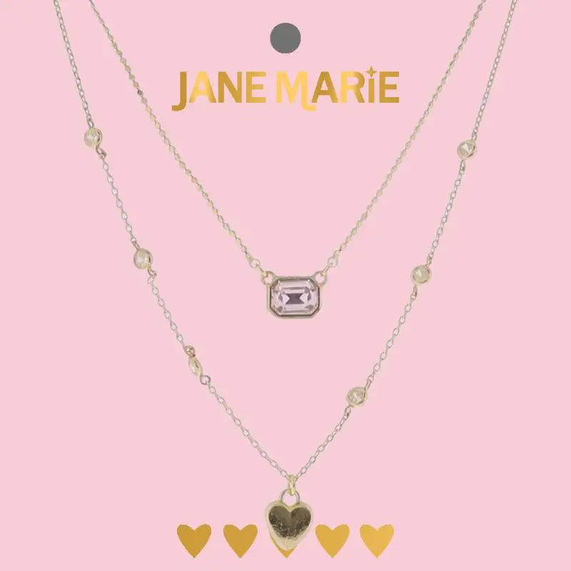 2 Layer Necklace, Pink Crystal Rectangle & Heart