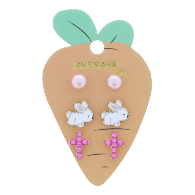 Pearl, Bunny, Pink Crystal & Cross Earrings Stud Set
