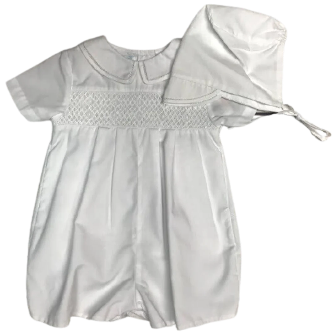 White Smocked Romper & Bonnet