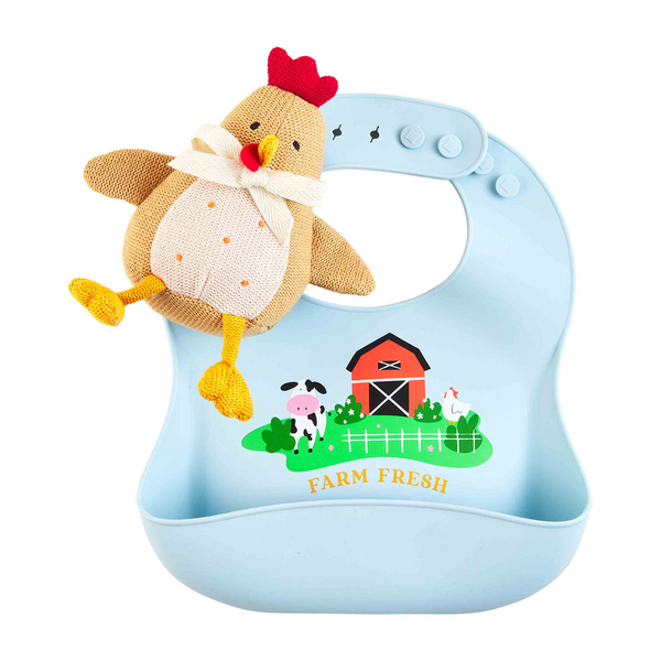 Blue Bib + Rooster Rattle