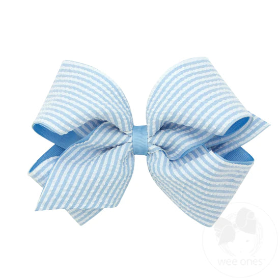 Blue Seersucker and Grosgrain Overlay Hair Bow