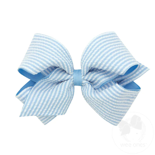 Blue Seersucker and Grosgrain Overlay Hair Bow