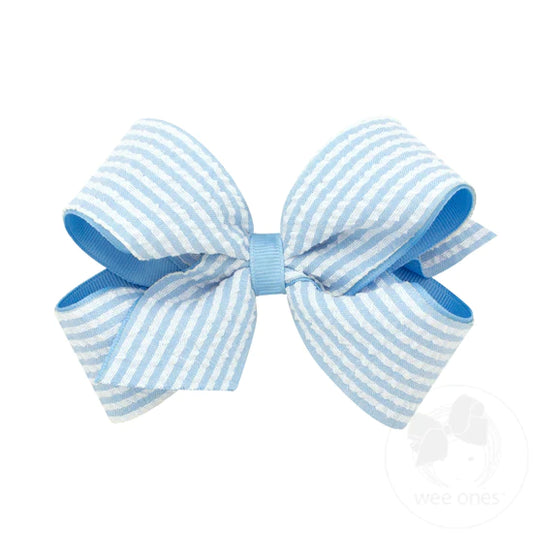Small Blue Seersucker and Grosgrain Overlay Hair Bow
